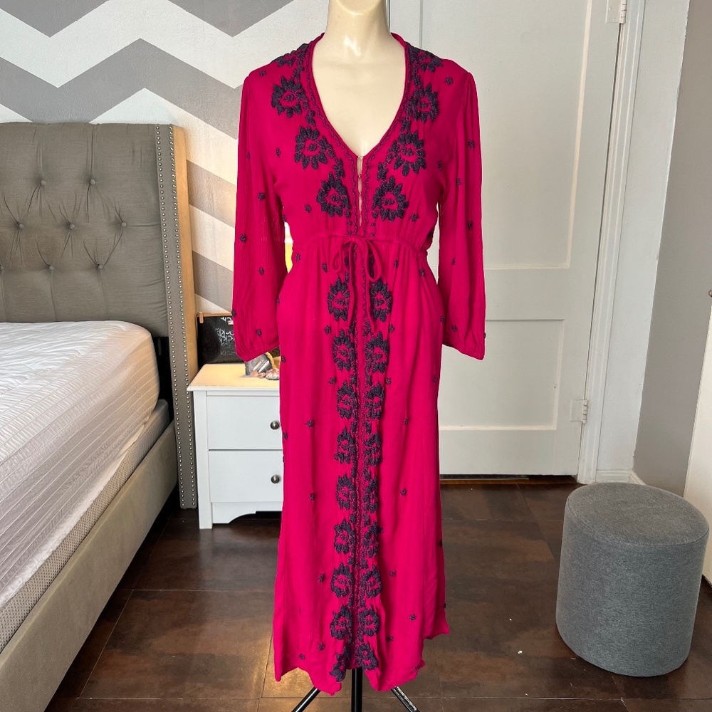 Free People Embroidered Fable Midi Dress In Magenta Combo